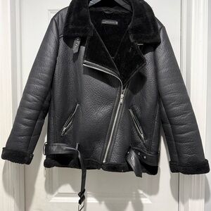 Zara Black Leather Jacket with Faux Shearling